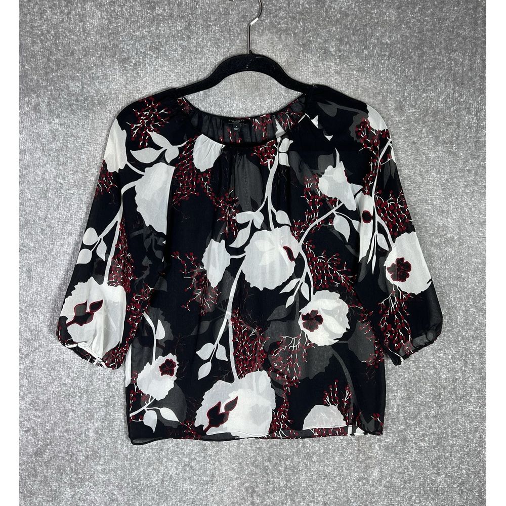 Vintage Talbots Sheer Top Dark Floral 3/4 Sleeve Womens Sz P Petite‎ Black Red